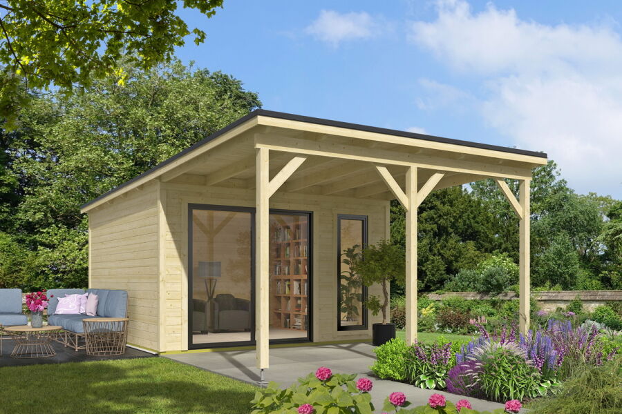 Gartenhaus NOVA 1 + Schleppdach FRONT, 386 x 296 cm + 300 cm Schleppdach, 28mm Wandbohlen, unbehandelt, Alufenster und -türen