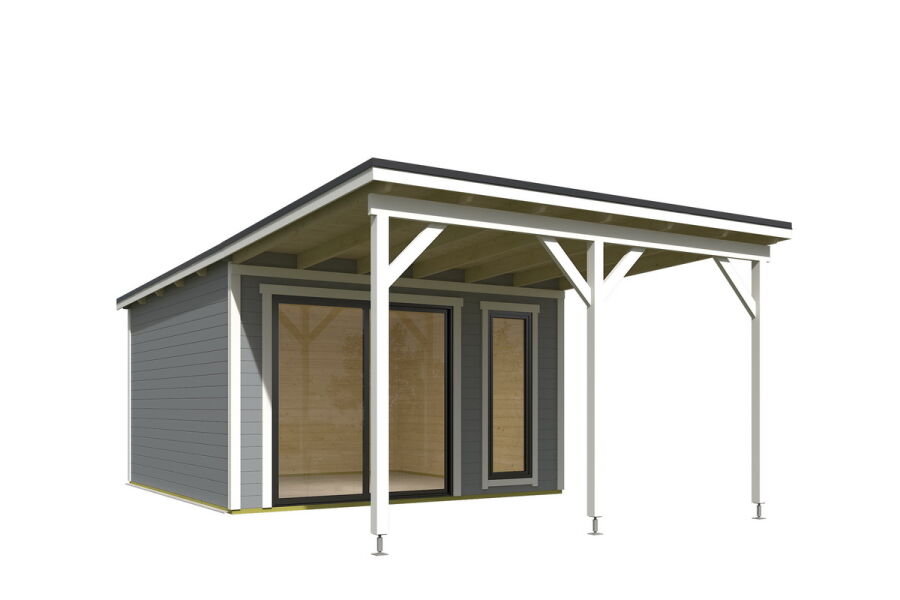 Gartenhaus NOVA 1 + Schleppdach FRONT, 386 x 296 cm + 300 cm Schleppdach, 28mm Wandbohlen, RAL 7042 verkehrsgrau lackiert, Alufenster und -türen