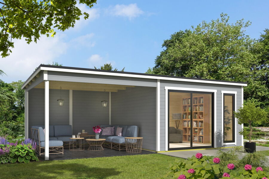 Gartenhaus NOVA 2 + Schleppdach SEITE, 386 x 386 cm + 350 cm Schleppdach, 28mm Wandbohlen, RAL 7042 verkehrsgrau lackiert, Alufenster und -türen