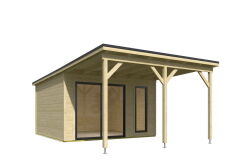 Gartenhaus NOVA 2 + Schleppdach FRONT, 386 x 386 cm + 300 cm Schleppdach, 28mm Wandbohlen, unbehandelt, Alufenster und -türen