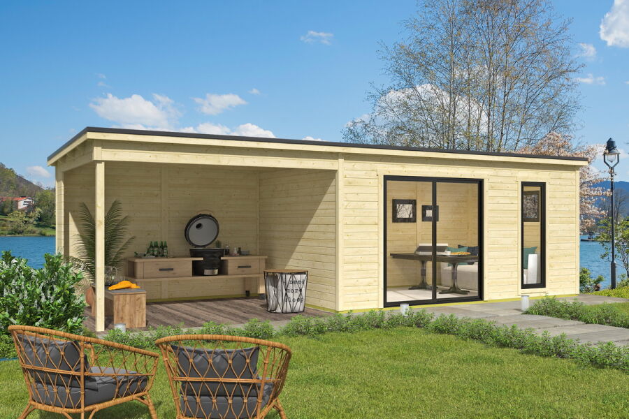 Gartenhaus NOVA 3 + Schleppdach SEITE, 506 x 296 cm + 350 cm Schleppdach, 44mm Wandbohlen, unbehandelt, Alufenster und -türen