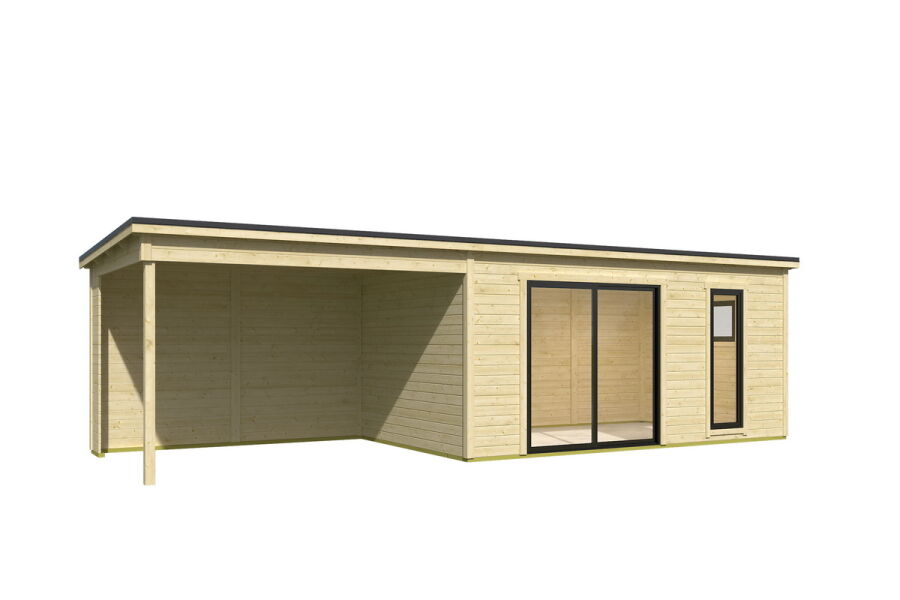 Gartenhaus NOVA 3 + Schleppdach SEITE, 506 x 296 cm + 350 cm Schleppdach, 44mm Wandbohlen, unbehandelt, Alufenster und -türen