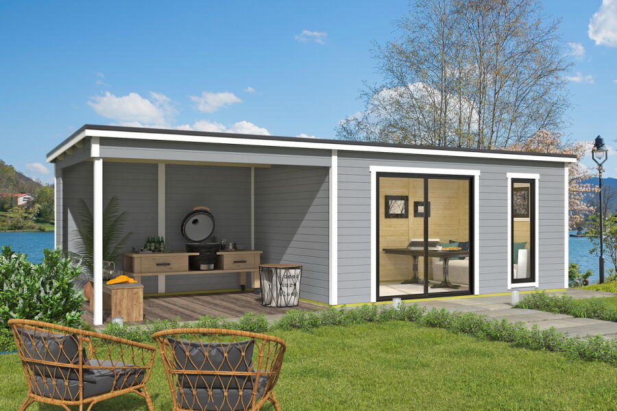 Gartenhaus NOVA 3 + Schleppdach SEITE, 506 x 296 cm + 350 cm Schleppdach, 44mm Wandbohlen, RAL 7042 verkehrsgrau lackiert, Alufenster und -türen