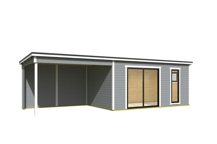 Gartenhaus NOVA 3 + Schleppdach SEITE, 506 x 296 cm + 350 cm Schleppdach, 44mm Wandbohlen, RAL 7042 verkehrsgrau lackiert, Alufenster und -türen