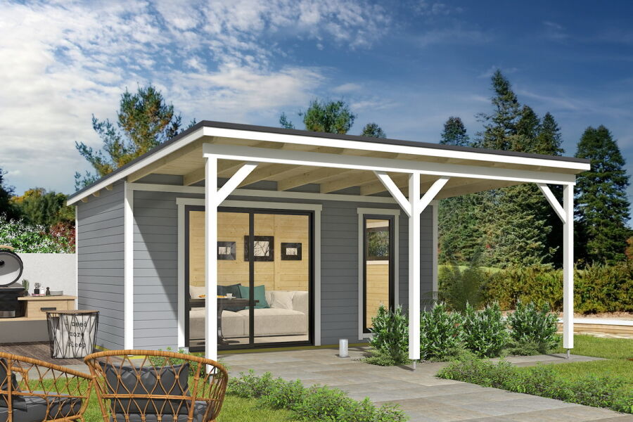 Gartenhaus NOVA 3 + Schleppdach FRONT, 506 x 296 cm + 300 cm Schleppdach, 44mm Wandbohlen, RAL 7042 verkehrsgrau lackiert, Alufenster und -türen