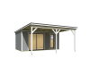 Gartenhaus NOVA 3 + Schleppdach FRONT, 506 x 296 cm + 300 cm Schleppdach, 44mm Wandbohlen, RAL 7042 verkehrsgrau lackiert, Alufenster und -türen