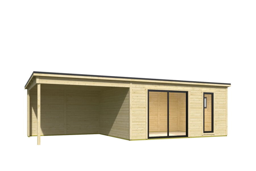 Gartenhaus NOVA 4 + Schleppdach SEITE, 506 x 386 cm + 350 cm Schleppdach, 44mm Wandbohlen, unbehandelt, Alufenster und -türen