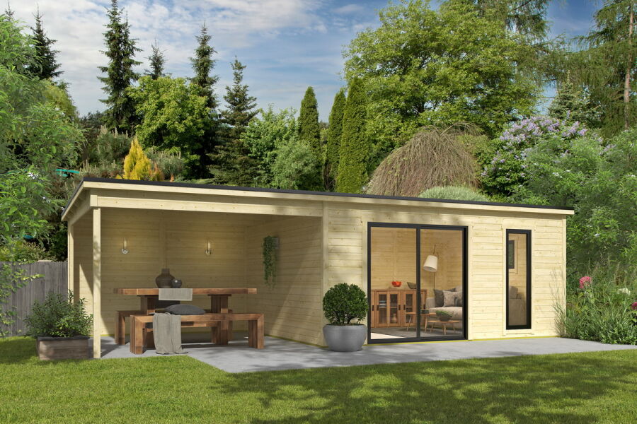Gartenhaus NOVA 4 + Schleppdach SEITE, 506 x 386 cm + 350 cm Schleppdach, 44mm Wandbohlen, unbehandelt, Alufenster und -türen