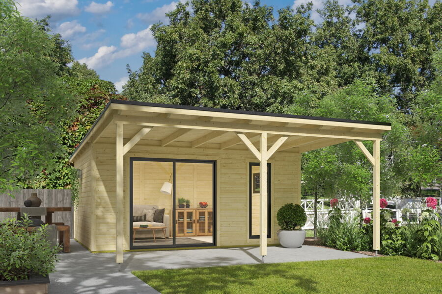 Gartenhaus NOVA 4 + Schleppdach FRONT, 506 x 386 cm + 300 cm Schleppdach, 44mm Wandbohlen, unbehandelt, Alufenster und -türen
