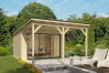 Gartenhaus LUNA 1 + Schleppdach FRONT, 386 x 296 cm + 300 cm Schleppdach, 28mm Wandbohlen, unbehandelt, Alufenster und -türen