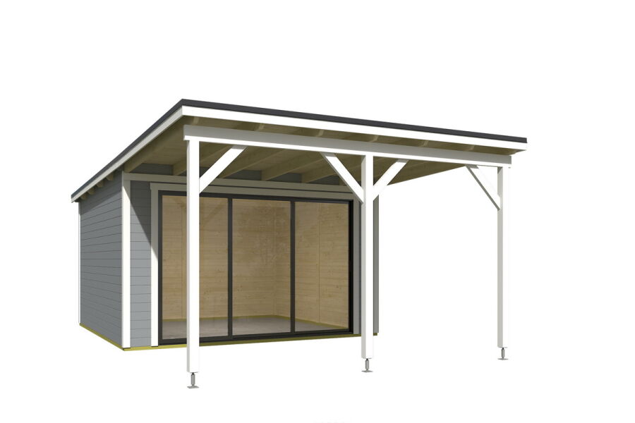 Gartenhaus LUNA 1 + Schleppdach FRONT, 386 x 296 cm + 300 cm Schleppdach, 28mm Wandbohlen, RAL 7042 verkehrsgrau lackiert, Alufenster und -türen