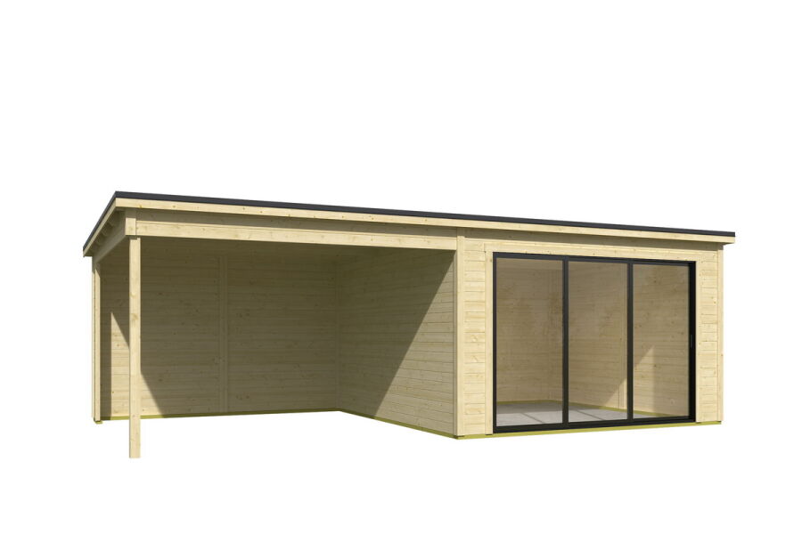 Gartenhaus LUNA 2 + Schleppdach SEITE, 386 x 386 cm + 350 cm Schleppdach, 28mm Wandbohlen, unbehandelt, Alufenster und -türen