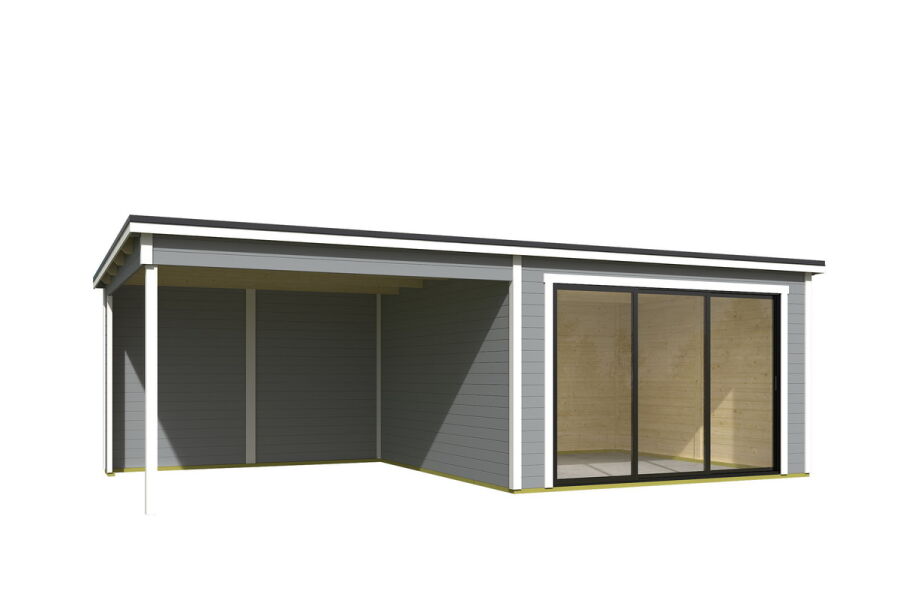 Gartenhaus LUNA 2 + Schleppdach SEITE, 386 x 386 cm + 350 cm Schleppdach, 28mm Wandbohlen, RAL 7042 verkehrsgrau lackiert, Alufenster und -türen