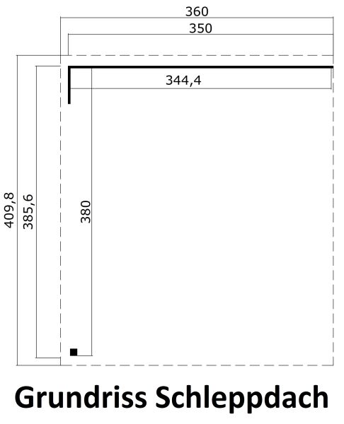 Gartenhaus LUNA 2 + Schleppdach SEITE, 386 x 386 cm + 350 cm Schleppdach, 28mm Wandbohlen, RAL 7042 verkehrsgrau lackiert, Alufenster und -türen