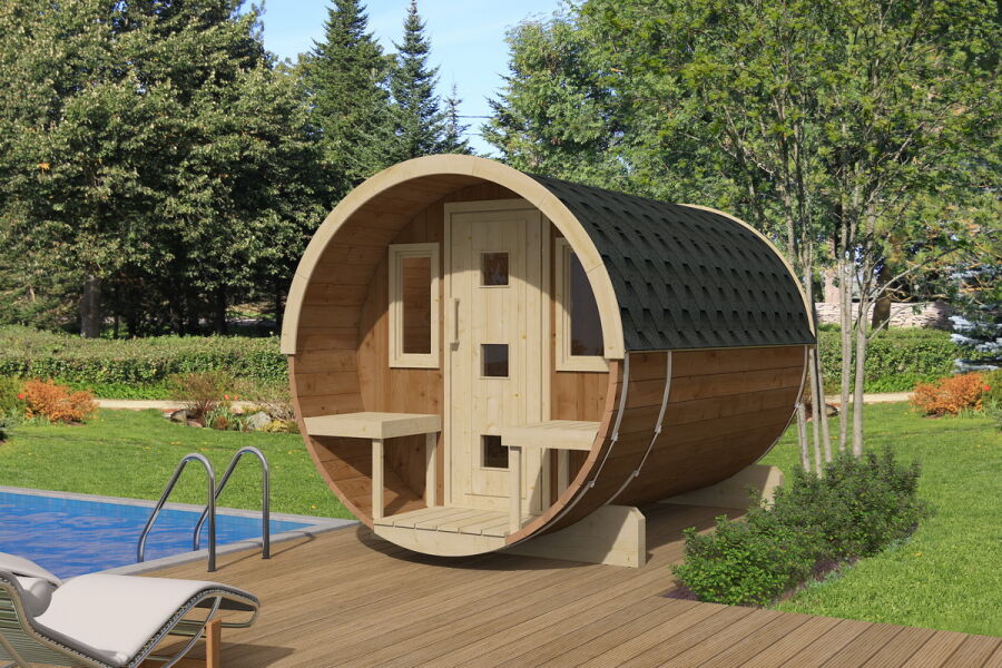 Saunafass Modell 205x300 cm mit 57cm Terrasse inkl. Dachschindeln schwarz, Saunafass Bausatz, Thermoholz
