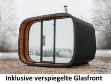 Leil® Saunasell Saunafass ROUND CUBE SINGLE EXCLUSIVE 301x260 cm inkl. Dachschindeln schwarz, Bausatz, Thermo-Holz
