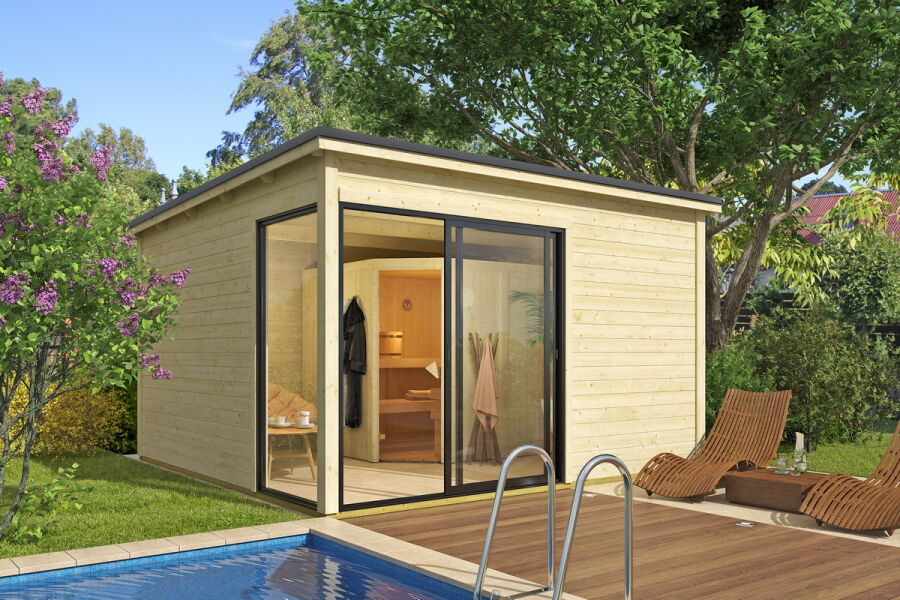 4743329242169 - Saunahaus MARA 4 386 x 386 cm 44mm Wandbohlen unbehandelt Alufenster und -türen inkl Karibu Sauna SIIRIN (SET)