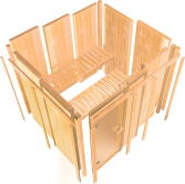 Saunahaus MARA 4, 386 x 386 cm, 44mm Wandbohlen, RAL 7042 verkehrsgrau lackiert, Alufenster und -türen, inkl. Karibu Sauna SODIN (SET)
