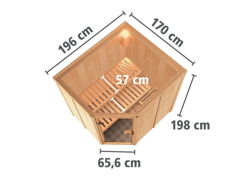 Saunahaus MARA 6, 506 x 386 cm, 44mm Wandbohlen, RAL 7042 verkehrsgrau lackiert, Alufenster und -türen, inkl. Karibu Sauna SIIRIN (SET)