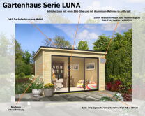 Saunahaus LUNA 1, 386 x 296 cm, 28mm Wandbohlen, unbehandelt, Alu-Schiebetür, inkl. Karibu Sauna SIIRIN (SET)