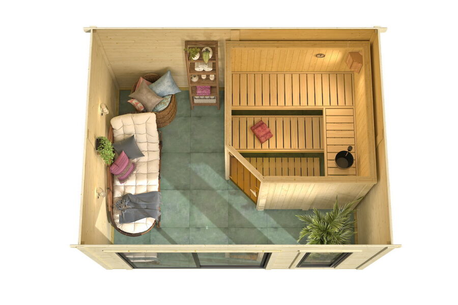 Saunahaus NOVA 1, 386 x 296 cm, 28mm Wandbohlen, unbehandelt, Alu-Schiebetür, inkl. Karibu Sauna JARIN (SET)