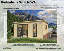 Saunahaus NOVA 3, 506 x 296 cm, 44mm Wandbohlen, unbehandelt, Alu-Schiebetür, inkl. Karibu Sauna JARIN (SET)