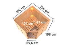 Saunahaus NOVA 3, 506 x 296 cm, 44mm Wandbohlen, unbehandelt, Alu-Schiebetür, inkl. Karibu Sauna JARIN (SET)