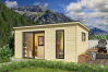 Saunahaus NOVA 3, 506 x 296 cm, 44mm Wandbohlen, unbehandelt, Alu-Schiebetür, inkl. Karibu Sauna SODIN (SET)