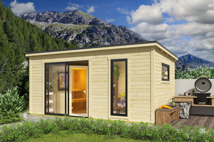 Saunahaus NOVA 4, 506 x 386 cm, 44mm Wandbohlen, unbehandelt, Alu-Schiebetür, inkl. Karibu Sauna SIIRIN (SET)