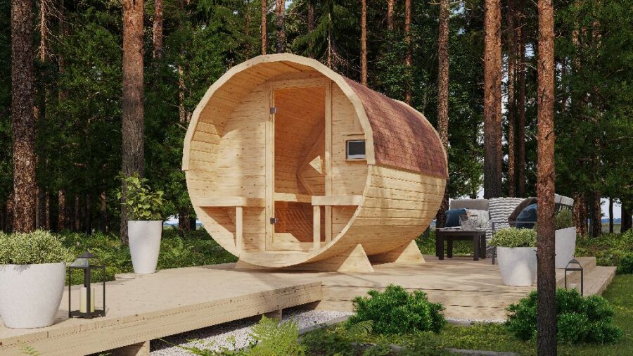 Karibu Sauna FASSSAUNA 2 - SAUNAFASS 2 / Ofen 9 KW Bio externe Strg easy / naturbelassen