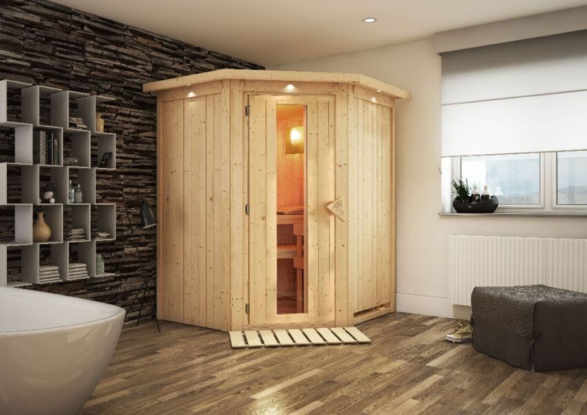 Sauna LARIN 151x151 cm Eckeinstieg 68 mm Systemsauna