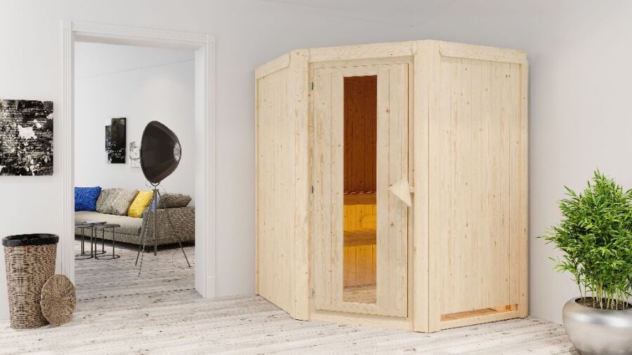 Sauna LARIN (Eckeinstieg) / Holztür / kein Dachkranz / Ofen 9 KW externe Strg easy