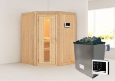 Sauna LARIN (Eckeinstieg) / Holztür / kein Dachkranz / Ofen 9 KW externe Strg easy