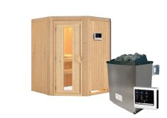 Sauna LARIN (Eckeinstieg) / Holztür / kein Dachkranz / Ofen 9 KW externe Strg easy