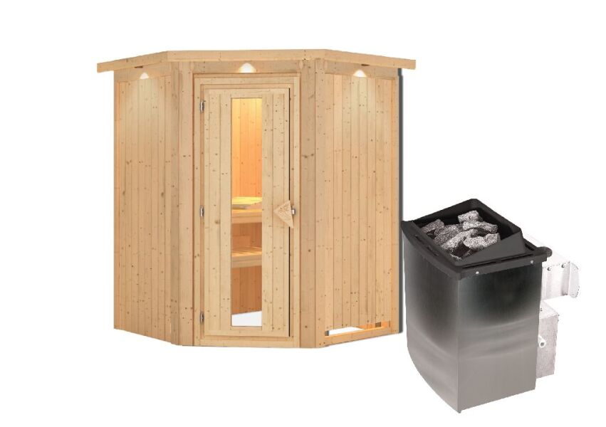 Sauna LARIN (Eckeinstieg) / Holztür / inkl. Dachkranz / Ofen 9 kW integr. Strg