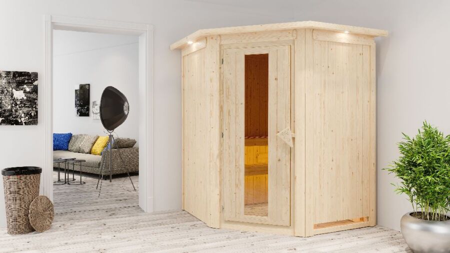 Sauna LARIN (Eckeinstieg) / Holztür / inkl. Dachkranz / Ofen 9 kW Bio externe Strg easy