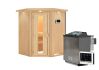 Sauna LARIN (Eckeinstieg) / Holztür / inkl. Dachkranz / Ofen 9 kW Bio externe Strg easy