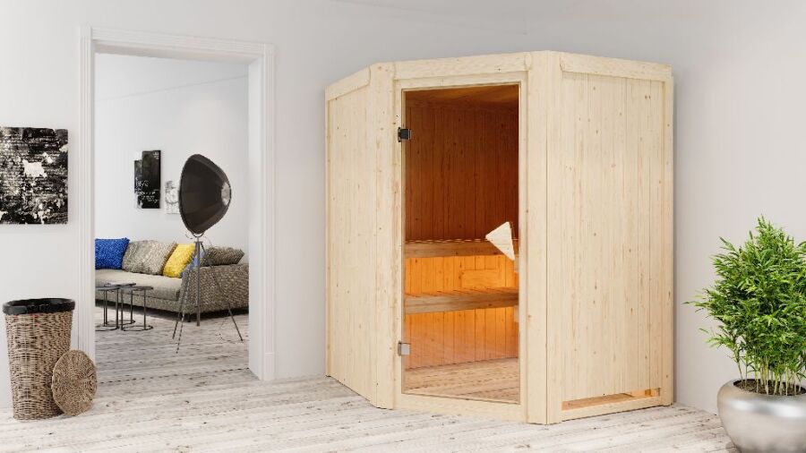 Sauna LARIN (Eckeinstieg) / bronzierte Tür / kein Dachkranz / ohne Ofen