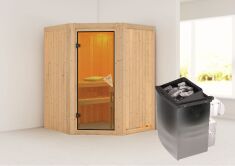 Sauna LARIN (Eckeinstieg) / bronzierte Tür / kein Dachkranz / Ofen 9 kW integr. Strg