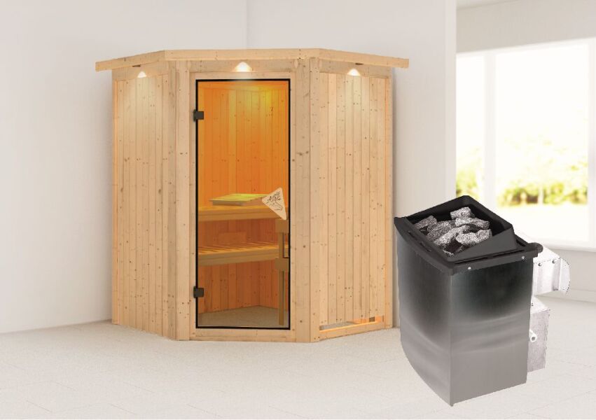 Sauna LARIN (Eckeinstieg) / bronzierte Tür / inkl. Dachkranz / Ofen 9 kW integr. Strg