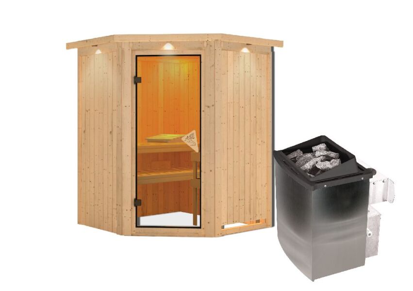 Sauna LARIN (Eckeinstieg) / bronzierte Tür / inkl. Dachkranz / Ofen 9 kW integr. Strg