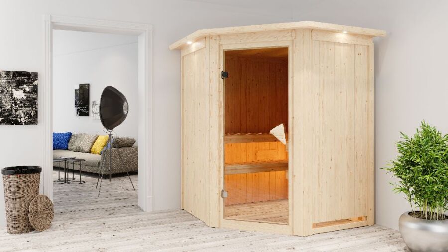 Sauna LARIN (Eckeinstieg) / bronzierte Tür / inkl. Dachkranz / Ofen 9 kW integr. Strg