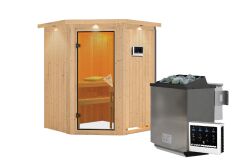 Sauna LARIN (Eckeinstieg) / bronzierte Tür / inkl. Dachkranz / Ofen 9 kW Bio externe Strg easy