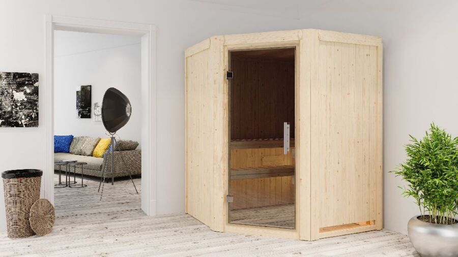 Sauna LARIN (Eckeinstieg) / graphit Tür / kein Dachkranz / ohne Ofen