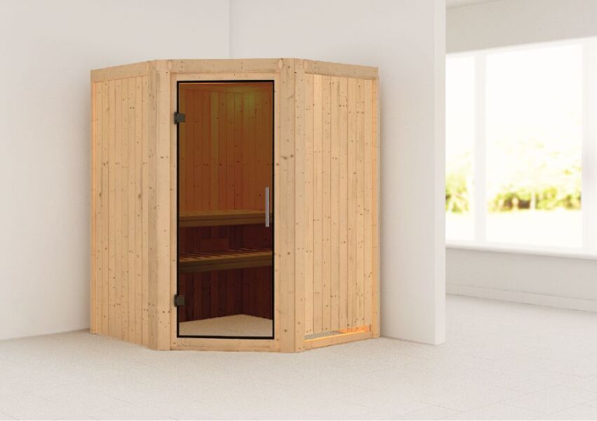 Sauna LARIN (Eckeinstieg) / graphit Tür / kein Dachkranz / ohne Ofen