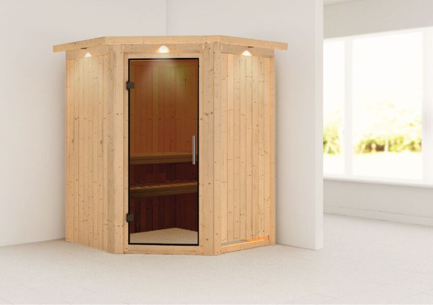 Sauna LARIN (Eckeinstieg) / graphit Tür / inkl. Dachkranz / ohne Ofen