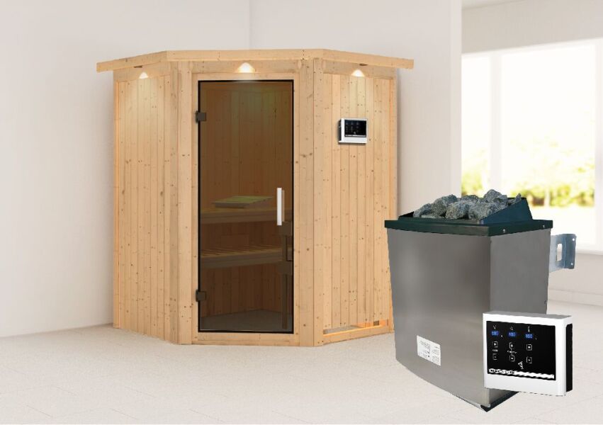 Sauna LARIN (Eckeinstieg) / graphit Tür / inkl. Dachkranz / Ofen 9 KW externe Strg easy