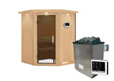 Sauna LARIN (Eckeinstieg) / graphit Tür / inkl. Dachkranz / Ofen 9 KW externe Strg easy