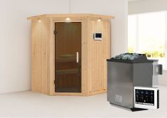 Sauna LARIN (Eckeinstieg) / graphit Tür / inkl. Dachkranz / Ofen 9 kW Bio externe Strg easy