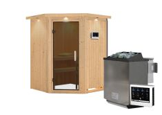 Sauna LARIN (Eckeinstieg) / graphit Tür / inkl. Dachkranz / Ofen 9 kW Bio externe Strg easy